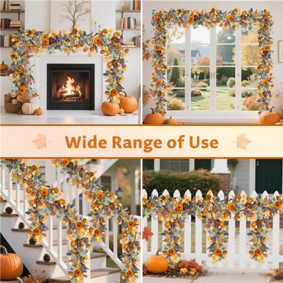 Fall Garland with Lights, 6FT Fall Leaves Garlands, Artificial Eucalyptus - Picture 6 of 7
